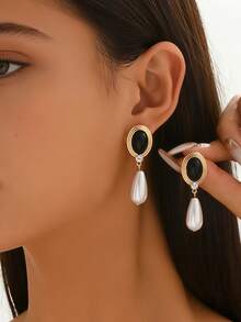 1 par de nuevos pendientes de gota de color contrastante de aleación minimalista y vintage con perla falsa, adecuados para uso diario, viajes, fiestas, eventos y bodas de mujeres - Amarillo dorado + multicolor - Ver 3