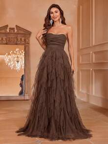 Faeriesty Romantic Strapless Wedding Dress, Layered Ruffle Tulle A-Line Silhouette, Suitable For Classic Weddings, Graduations, Galas, Birthdays And Other Occasions - Brown - View 9