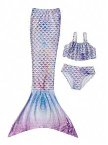 Children Girls Tankini Swimsuit 3 Piece Mermaid Bathing Suit Kids Ruffle Top With Shorts Fish Tail Bikini Set Swimwear 1-14Y - I - Xem 4