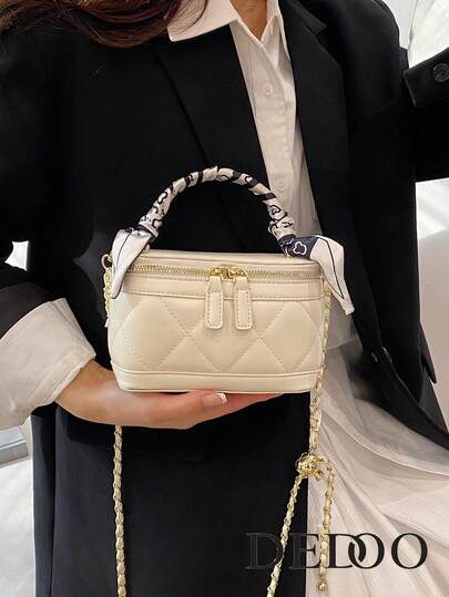 Dedoo Elegant Women's Spring Rhombus Quilted Small Box Bag With Silk Scarf Decoration, Exquisite Commuting Or Dinner-Style Handbag And Crossbody Bag, Suitable For Daily Commuting, Dates, Parties, Gifting, And As A Small Makeup Case.