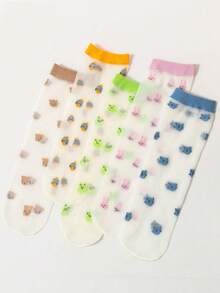 3/5/10双装女士薄款中筒袜，可爱ins风水果、花朵、动物透明玻璃袜，水晶卡通袜，适合春、夏、秋季日常穿着、通勤。 - 彩色 - 查看 4