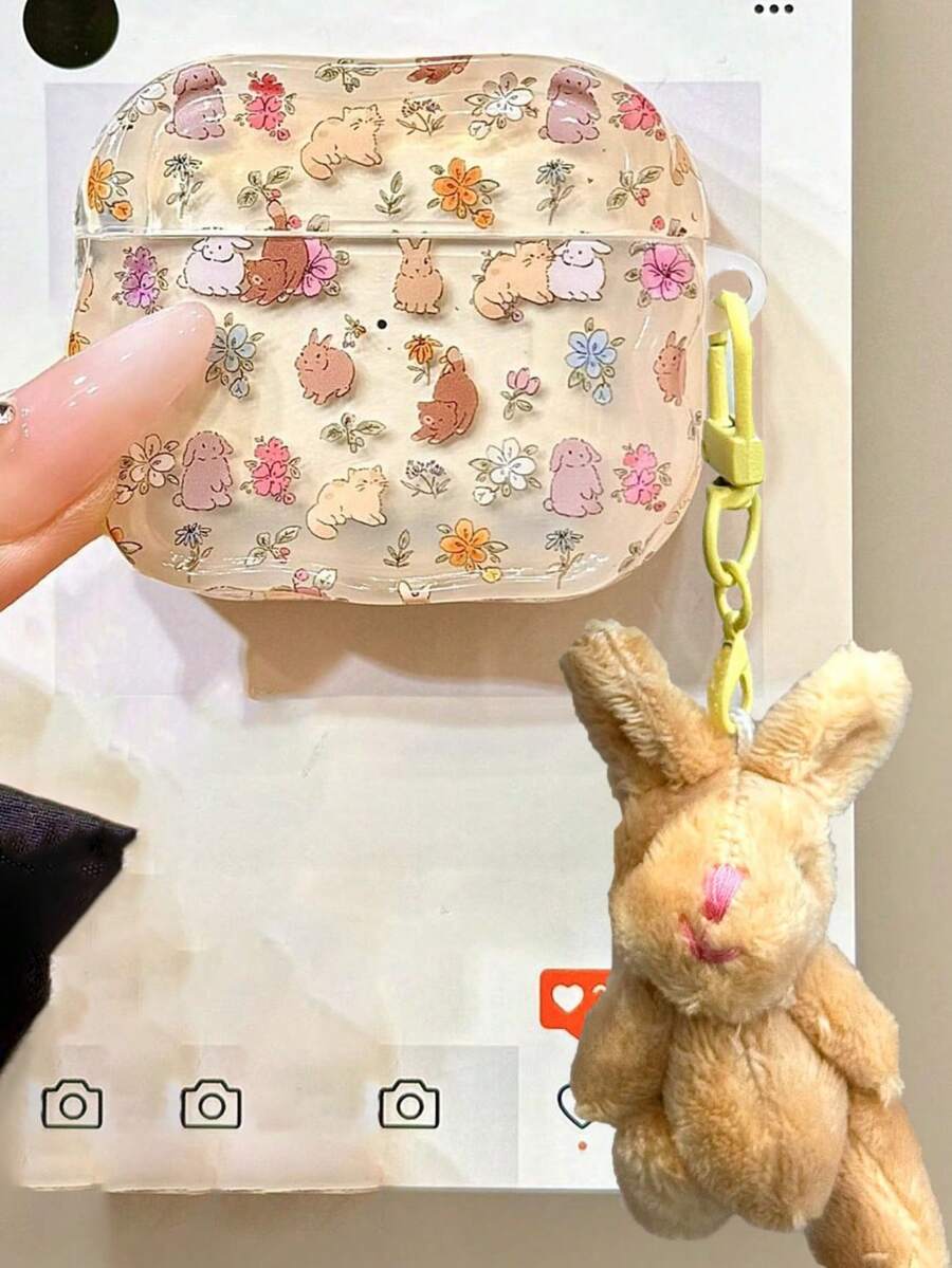 可爱趣味花卉兔子耳机保护套，兼容 1/2/3 Pro 2，柔软外壳，兼容 4，可爱柔软后盖，女孩适用