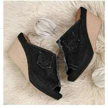 Large Size Slippers Women's 2026 New Summer Denim Women's One-Character Wedge Heel Cool Slippers Women - 藏青色 - 查看 5