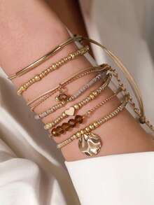 一套波西米亚风串珠7件套手链，女士米珠手链，多层心形吊坠手链 - 彩色 - 查看 3