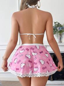 SANRIO 两件套女士粉色可爱数字印花睡衣套装，包括粉色V领上衣和短裤，饰有撞色蕾丝边，性感睡衣套装 - 粉色 - 查看 2