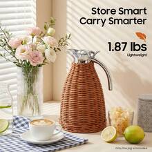1.5L Thermal Carafe, 0.4Gal Stainless Steel Dual Wall Vacuum Thermal, 12h Warm & 24h Cold Retention, Hand Woven Rattan Body Coffee Carafe For Home, Coffee Shop - Coffee Brown - View 10