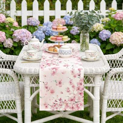 1 قطعة سفرة طاولة بنمط الأزهار الوردية والكرز الصيفي، مصنوعة من البوليستر المستطيل الحديث، ديكور مطبخ وطاولة طعام موسمي للربيع للمنزل والحفلات
