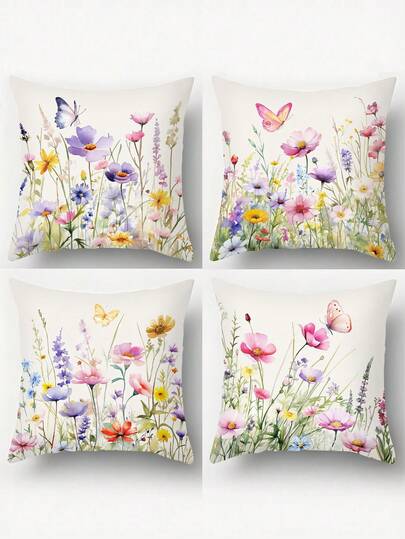 4Pcs Floral Watercolor Peach Skin Pillowcase,Spring Flower & Butterfly Cushion Cover,45*45cm Throw Pillow Cover,Festival Cushion Case (Excluding Pillow Core) ,Spring Party Supplies,Spring & Summer Party Decorations,Spring Theme Pillowcase,Baby Shower Decor,Home Decoration,Suitable For Living Room,Bedroom,Bed Decoration