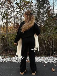 2件套女士Y2K风格可爱针织毛衣上衣和裤子家居服套装，休闲秋冬装，黑色 - 黑色 - 查看 8