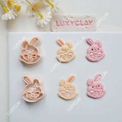 2pcs Easter Rabbit Shape Jewelry Making Kits, Embossed Bunny With Bow Pattern Polymer Clay Cutters For DIY Pendants Jewelry Making, Easter Day Themed Cute Rabbit Clay Molds For Jewelry Maker