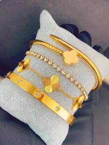 4件套奢华不锈钢水钻四叶草和星星手链套装,复古优雅女士首饰,适合日常佩戴、送礼、派对、圣诞节等场合。 - 金色 - 查看 3