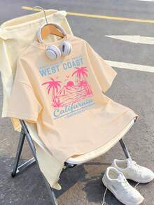 This Apricot-Colored Round Neck Children's T-Shirt Features A Creative Beach Print Design, Very Suitable For Girls And Slightly Older Children. It Is Suitable For School, Shopping, Street Style And Vacation Wear. - Apricot - View 4