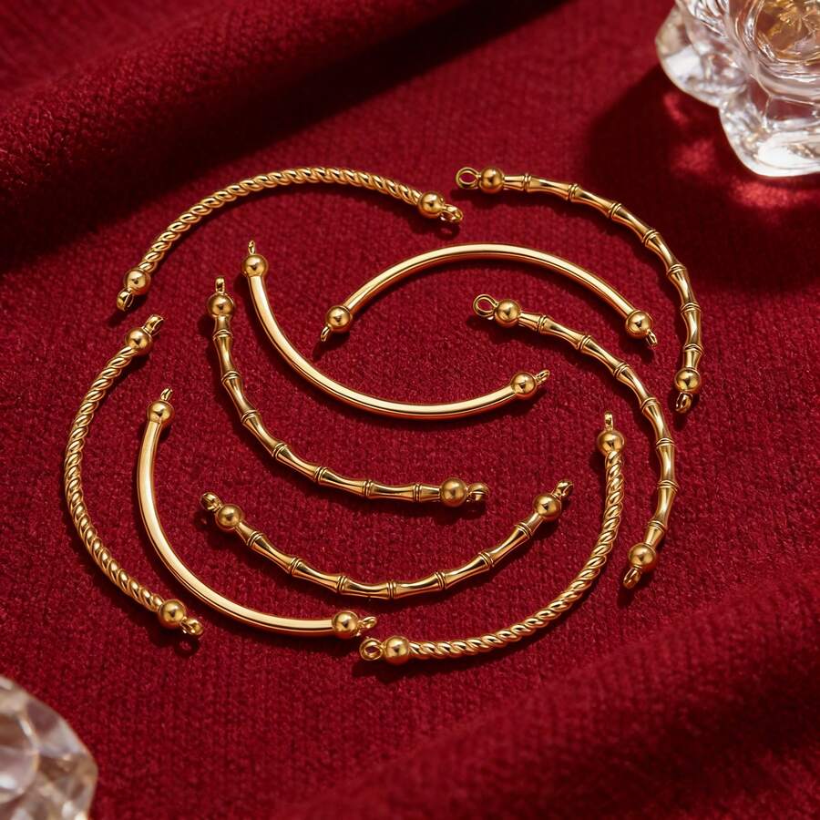 6 Pcs Stainless Steel Double Hole Arc Stick Texture Charm Bracelet Necklace DIY Connector Jewelry Making Material Supplies Crafts - Connector - View 1