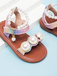 Cute White Infant Sandals With Pearl Chain & Hook And Loop Ankle Strap - Multicolor - View 6