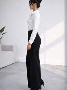 Conjunto 2 piezas blusa cuello camisero manga larga pantalon pierna ancha cintura alta elegante oficina - Blanco y Negro - Ver 4
