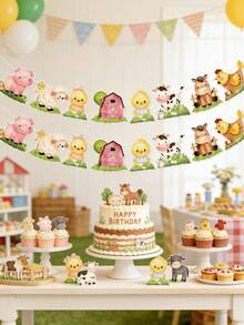 2个农场动物图案纸质拉旗横幅，农场动物主题生日派对装饰悬挂旗帜，生日派对背景墙装饰，家居装饰，婴儿派对装饰，农场动物生日派对装饰，生日派对用品，生日礼物，派对小礼品 - 農場動物 - 查看 2