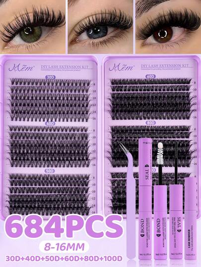 684 Pieces Of 6-In-1 DIY Eyelash Extension Kit - Including False Eyelashes, Glue, Makeup Remover, Tweezers, And Brushes, Suitable For Professionals And Beginners, Convenient For Use At Home. Eyelash Extension Starter Kit: Includes False Eyelashes, Glue, Makeup Remover, And Tools To Easily Create Professional Eyelash Effects At Home.