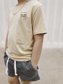 1件装男童休闲印花圆领短袖T恤，夏季学生装 - 一款百搭T恤，为每个孩子带来欢乐和幸福！ - 杏色 - 查看 2