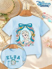 Disney Girls' T-Shirt Top With Frozen Elsa Princess Print And Letter Pattern - Casual And Cute Summer Everyday Wear - Round Neck Short Sleeve - 淺藍色 - 查看 2