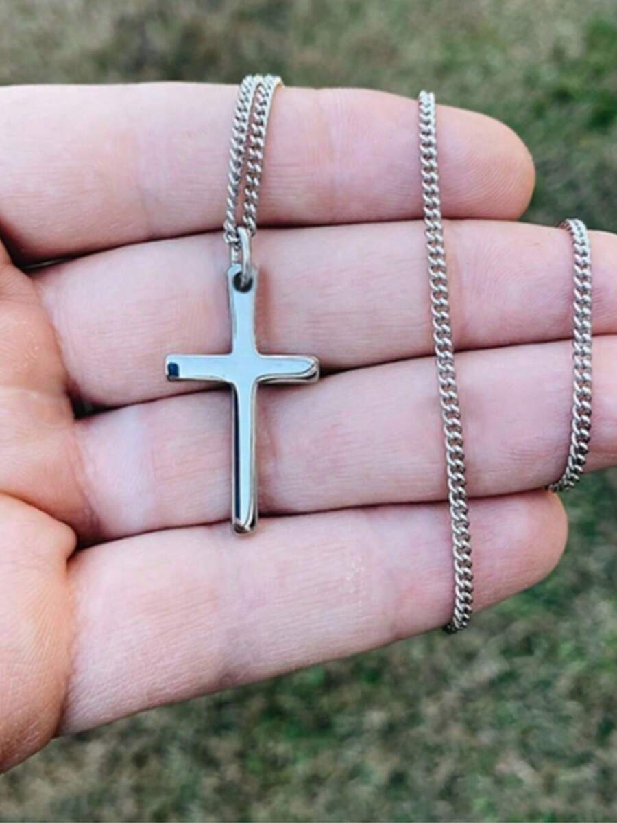 男士时尚简约十字架吊坠项链，送给男友的完美礼物，耐用不锈钢链，时尚个性之选 - 項鍊 - 查看 1