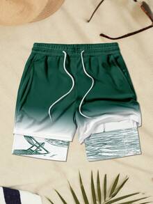Plus Size Men's Beach Vacation Inner Pattern Printed Double-Layer Shorts - Green - View 2