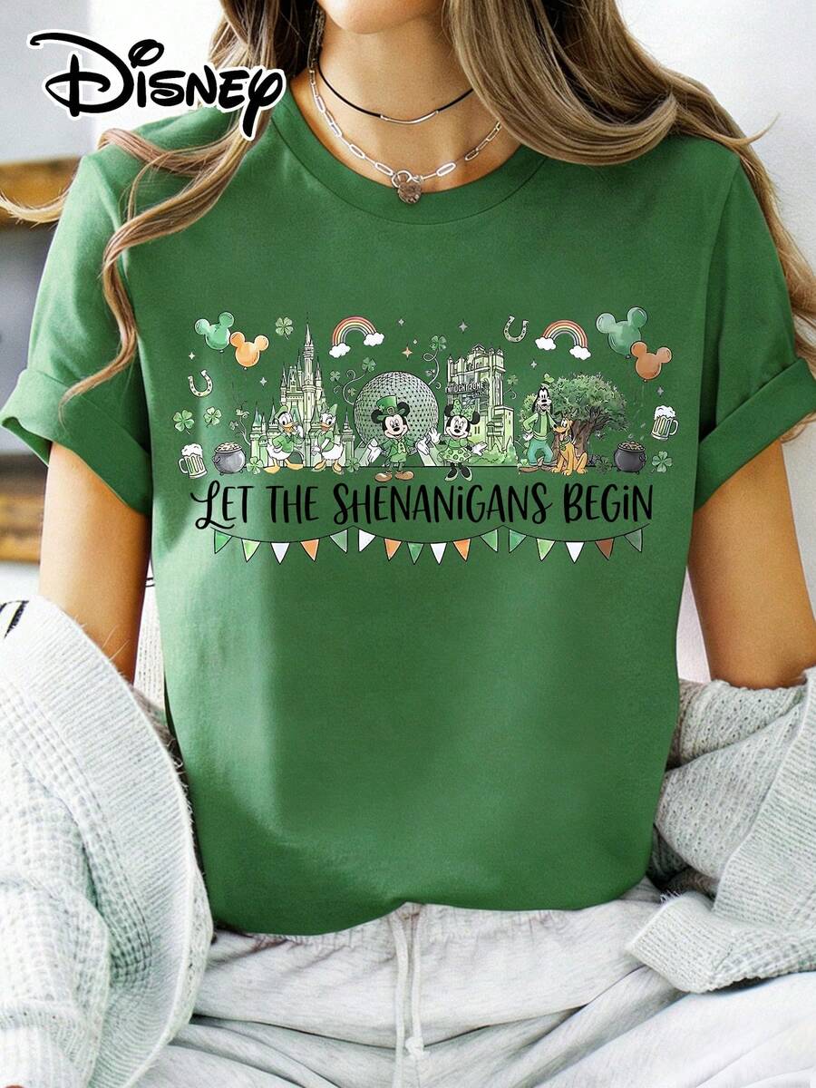 Disney Official Authorization | Women's St. Patrick's Day-Themed Short-Sleeve T-Shirt, Featuring A Parade Print Of Classic Characters Including , , , Daisy Duck, , And Pluto, With The Fun Slogan "Let The Shenanigans Begin", And Festive Elements Like Park Castles, Clovers, And Rainbows. Made Of Opaque Fabric, It Is Machine Washable, Suitable For Park Visits And Daily Casual Wear, Making It An Eye-Catching Piece For Holiday Outfits. - 綠色 - 查看 1