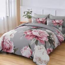 7 Piece Grey Pink Floral Comforter Set Full/Queen/King Size Bed In A Bag, Blush Flowers Printed On Light Pink Comforter Set With Sheets, Soft Microfiber Botanical Bedding Set For Wedding Items,Home Bed Room Decor,Easter Gifts,Mothers Day Gift,All Season - Grey Pink-090869 - 查看 7