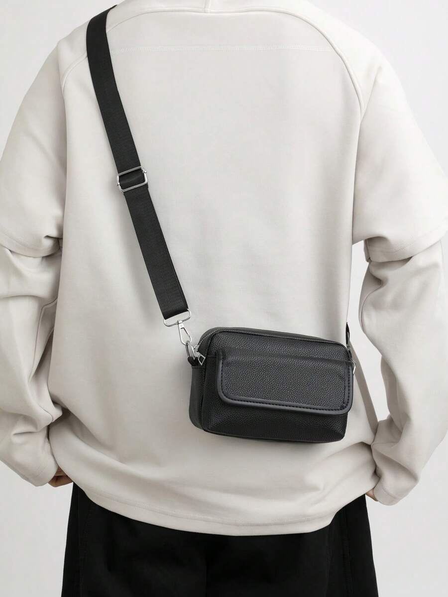 Flip-Top Square Bag, Fashionable Men's Shoulder Bag, Mini Crossbody Bag, Solid Color PU Leather, Easter - Black - View 1