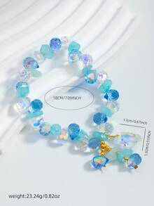 1pc Summer Woven Shiny Bracelet, Sea Blue Iridescent Heart Charm Elastic Bracelet, Teens & Girls Jewelry - Style 1 - View 8