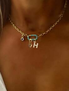 1件金色字母吊坠项链，天蓝色椭圆形扣环链，不锈钢链，时尚多珠项链，独特奢华女士项链 - 金黃色 - 查看 10