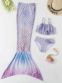 Children Girls Tankini Swimsuit 3 Piece Mermaid Bathing Suit Kids Ruffle Top With Shorts Fish Tail Bikini Set Swimwear 1-14Y - I - Xem 2
