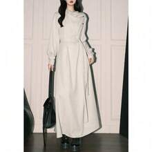 Nuevo vestido largo francés con cinturón de color albaricoque manga larga ajustable para mujer estilo artístico y popular vestido A línea para rezar - Blanco grisáceo [Versión gruesa] - Ver 5