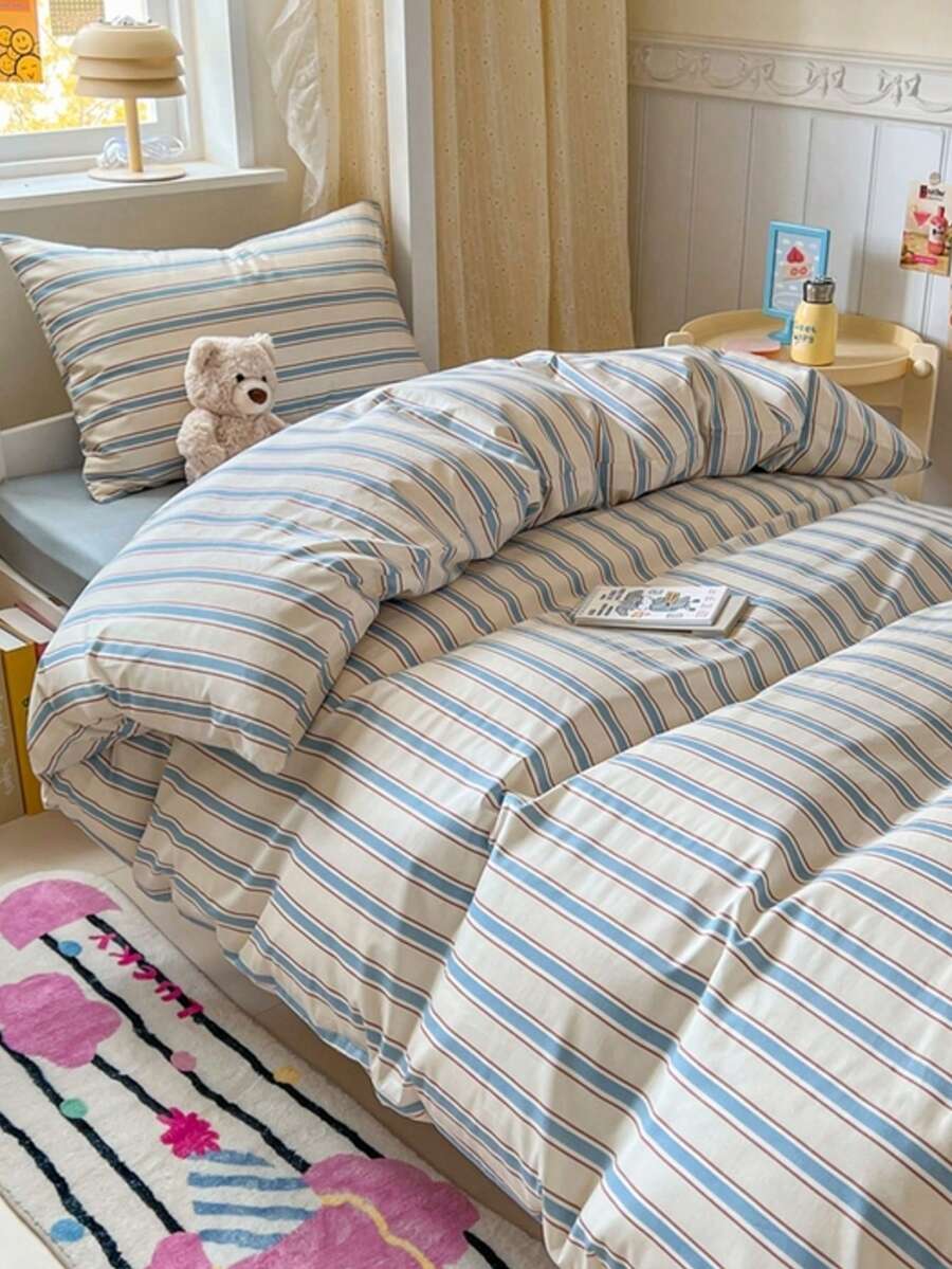 3pcs 100% Cotton Nordic Minimalist Striped Print Bedding Set, 2 Pillowcases + 1 Duvet Cover (No Fitted Sheet, Excludes Inner Filler) - Multicolor - View 1