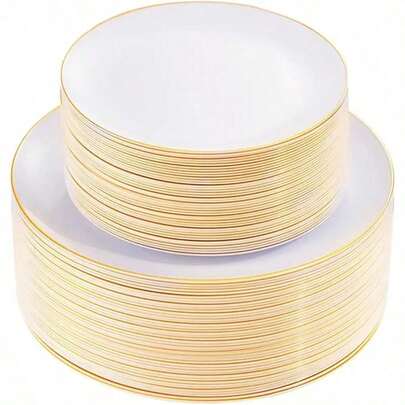 10/20/25/50pcs White Rimmed Plates - 7.5 Inch/10.25 Inch Reusable And Washable Plates, Suitable For Outdoor Gatherings, Barbecues, Western Meals, Family Parties, Team Building, Restaurants, Kitchens, Wedding Parties