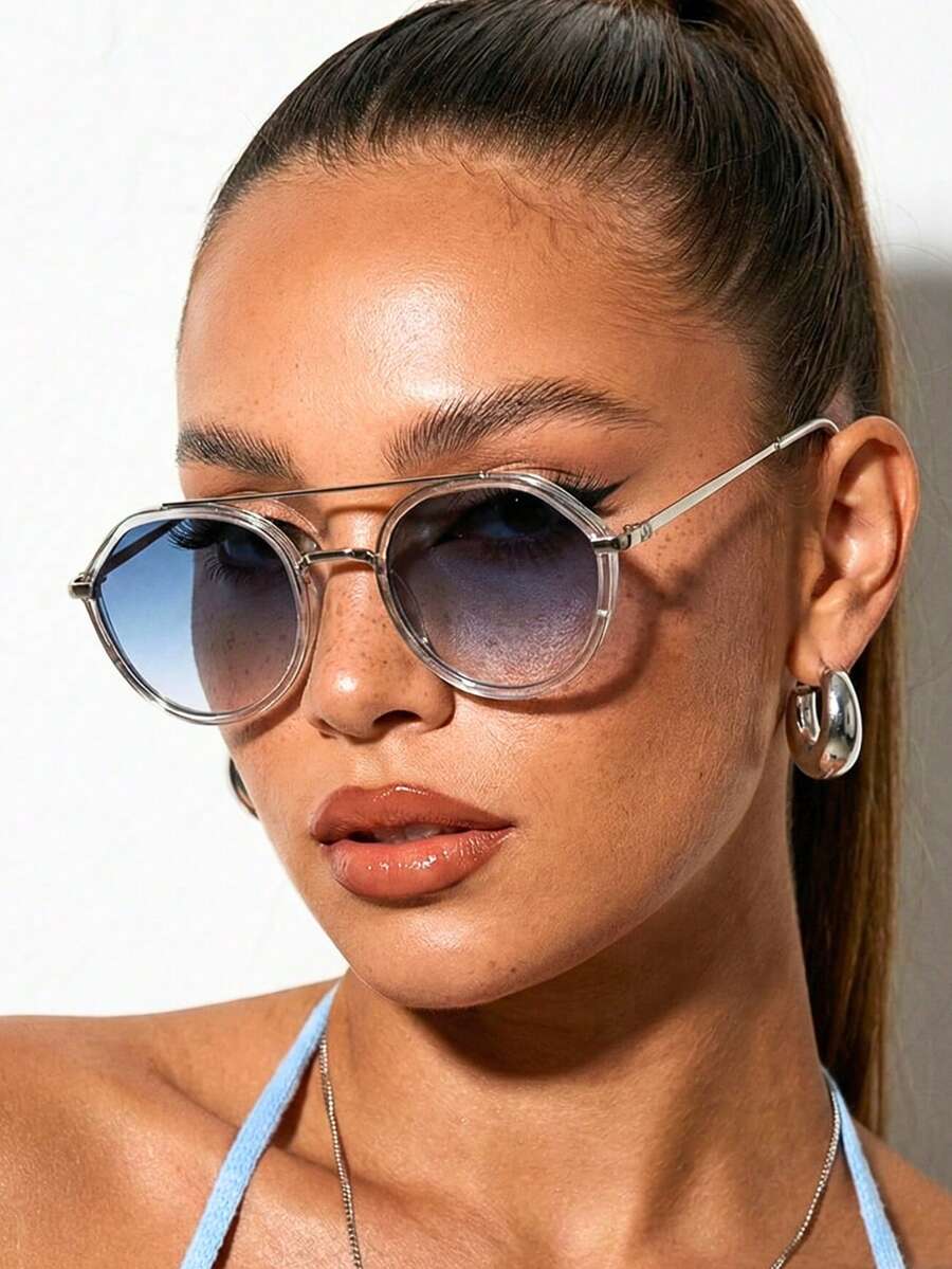 1 Piece Women's Sunglasses With Transparent Blue Lenses, Polygonal Aviator Style, Summer Fashion, Beach Style - Màu xanh nhạt - Xem 1