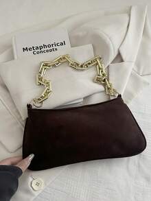 Gold Color Large Chain Strap Solid Soft Baguette Bag - Coffee - View 2