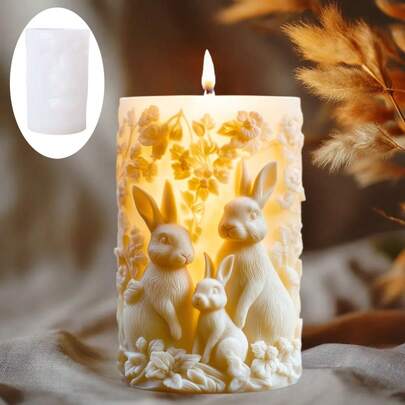 1件装树脂硅胶模具 可爱兔子香薰蜡烛硅胶模具 花朵环绕可爱兔子蜡烛模具 花兔浮雕树脂石膏模具 水泥混凝土模具 家居装饰礼品 复活节礼物