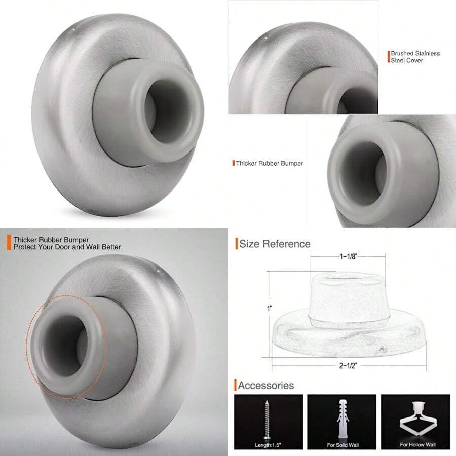 Concave Wall Door Bumper Stop Brushed Satin Nickel 2-1/2" Outside Diameter Stainless Steel Cover With 1-1/8" Gray Rubber Bumper Easy To Install With Screw - ConcaveSatin Nickel - View 1