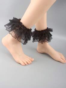 1 Paar Damen Schwarze Spitzen Blumen Trim Elastische Beinwärmer, geeignet für Partys, Hochzeiten, Lolita Stil Knöchelbündchen - Schwarz - Übersicht 5