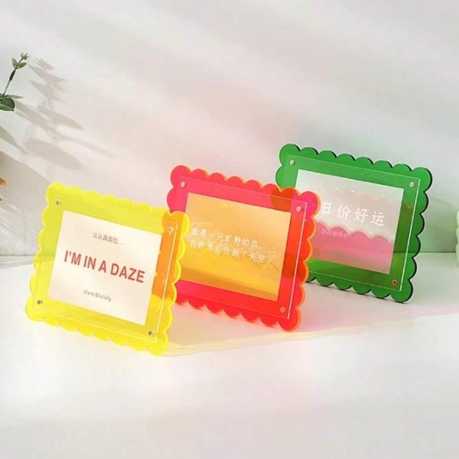 1 pieza Marco de fotos acrílico con patrón de ola de 7 pulgadas, soporte de exhibición de tarjetas postales, adorno de escritorio estilo nórdico, marco de fotos colorido - Multicolor - Ver 1