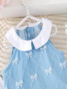 Conjunto de 2 piezas para niñas con blusa sin mangas con cuello + shorts con lazo, color azul claro, lindo y dulce - Azul menta - Ver 3