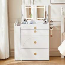 CLIPOP 3-In-1 Dressing Table With Folding Mirror, Cosmetic Table With Visible Glass Top, 3 Drawers, Side Storage, Storage Stool, Small Vanity Table For Bedroom - White - View 3