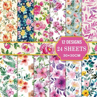 Vintage Floral Scrapbook Paper Pack - 24 Sheets 12 Designs, 30x30cm Decorative Craft Paper, Morris Inspired Botanical Patterns, Perfect For Card Making, Scrapbooking, Journaling, Gift Wrapping & DIY Crafts, Party Decor & Junk Journal Supplies