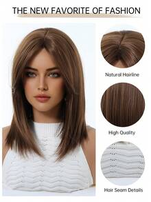14英寸短款棕色波浪刘海自然假发，采用耐高温合成角蛋白纤维制成，优雅大方，适合日常佩戴、节日和派对等场合。 - 棕色 - 查看 8