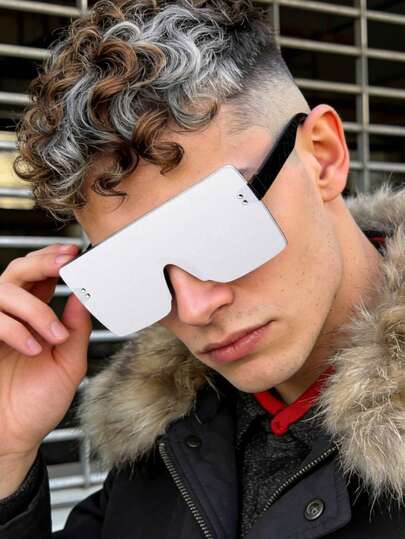 1副男士盾形无框时尚眼镜，超大一体式轻便贴合复古风格，适合度假外出，附眼镜盒