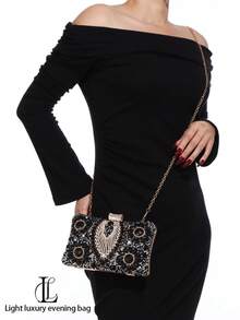 Women's Shiny Crystal Decorated Evening Clutch, European And American Fashion Party Handbag, Shiny Box-Shaped Bag, Perfect And Charming, Bridal Wallet, Wedding, Party, Prom, Nightclub, Birthday Gift, Valentine's Day Gift, Gathering, Crossbody Bag, Handbag, Clutch, Cosmetic Bag - 黑色 - 查看 7