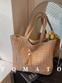 1件夏季新款女士编织单肩包，大容量草编休闲手提包，沙滩多功能单肩包，时尚度假沙滩包，拉链封口，镂空设计 - 卡其色 - 查看 3