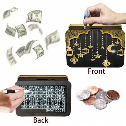 1 Bộ ống tiết kiệm bằng gỗ trang trí lễ hội Ả Rập/Hồi giáo, hai mặt với thiết kế số và hình ảnh, hộp đựng tiền bằng gỗ lắp ráp có thể tái sử dụng, đồ trang trí bằng gỗ thủ công, trang trí nhà/văn phòng, vật dụng cần thiết để đựng tiền xu, quà tặng sinh nhật/mùa tựu trường, đồ chơi độc đáo > Ống tiết kiệm (không dùng điện)