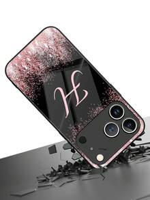 1pc Customized Letter, Black & Pink Gradient Glitter Pattern Liquid TPU Full Edge + Tempered Glass Shockproof Scratch-Resistant Phone Case Compatible With Apple 17 Pro Max/16 Pro Max/15 Pro/14 Plus/13 Pro/12 Pro Max/11/Xs Max/8/7/6 Plus, S24 Ultra/S25 Ultra, / Phones - Black - View 3