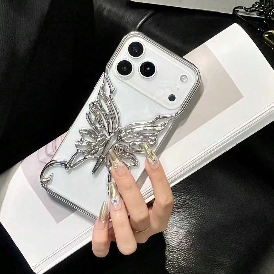 电镀无边框镂空蝴蝶造型手机壳，兼容 16 Pro Max、17 Air，也适用于 15 Pro、14、13、12、11，创意情侣手机壳 - 銀色 - 查看 1